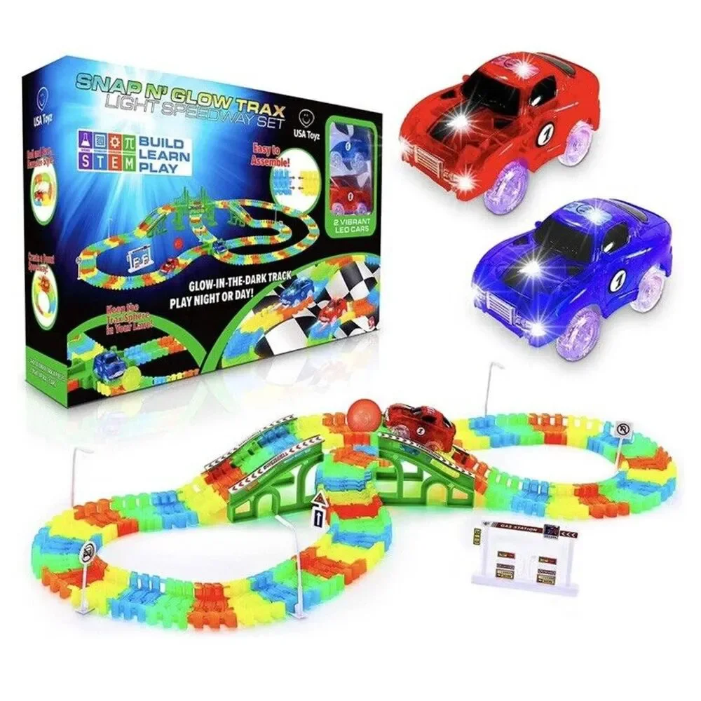 SNAP N GLOW TRAX LIGHT SPEEDWAY SET Racetrack 2 LED CARS Glow in the dark